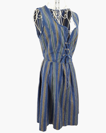 Rochie vintage 100% bumbac stil Dirndl albastră cu dungi și șiret reglabil [3]