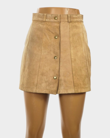 Femei - Fustă mini Stefanel Kids din piele întoarsă camel, cu capse metalice, mărime femei XS