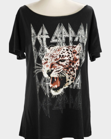 Tricou negru Def Leppard cu imprimeu leopard crem și cărămiziu [1]