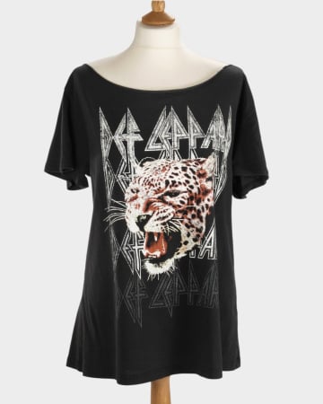 Muzică - Tricou negru Def Leppard cu imprimeu leopard crem și cărămiziu