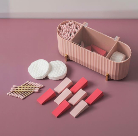 ACCESORII & MACHIAJ - Beauty Set cu Betisoare Igienice Pads & Bureti Roz Nude in Cutie Roz cu Capac Transparent
