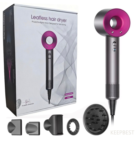 HAIR STYLE - Uscător de Păr fără Palete (Leafless Hair Dryer) cu Motor Digital, Gri/Magenta