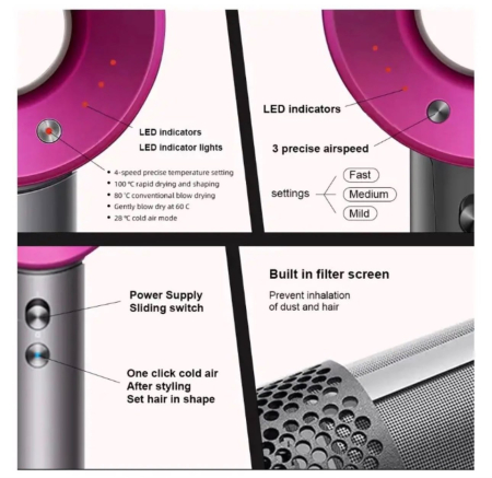 Uscător de Păr fără Palete (Leafless Hair Dryer) cu Motor Digital, Gri/Magenta [1]
