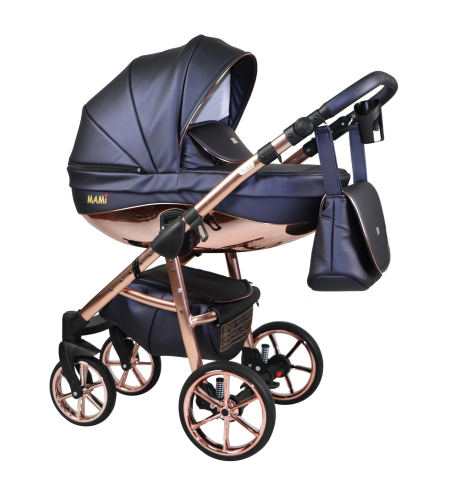 Cărucioare pentru băieți - Cărucior 4 în 1 Sojan Mami Exclusive Bleumarin cu Detalii Rose Gold