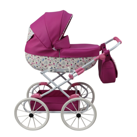 Cărucior păpuși Sojan Classic Fucsia Intens cu Imprimeu Floral