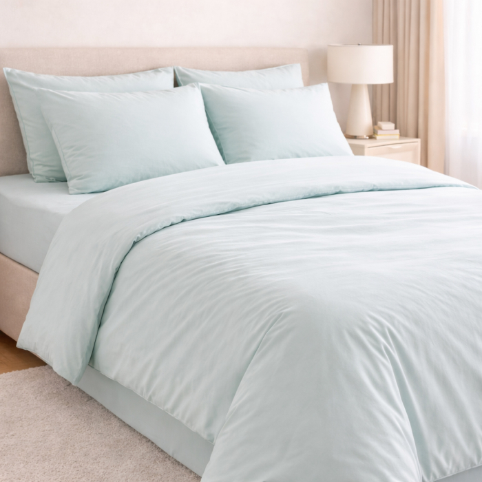 Set Lenjerie Pat 4 Piese - verde menta :  ✔ 1 cearșaf pat 220x240 cm ✔ 1 cearșaf pilotă 180x200 cm ✔ 2 fețe pernă 50x70 cm [3]