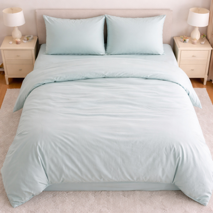 Set Lenjerie Pat 4 Piese - verde menta :  ✔ 1 cearșaf pat 220x240 cm ✔ 1 cearșaf pilotă 180x200 cm ✔ 2 fețe pernă 50x70 cm [2]