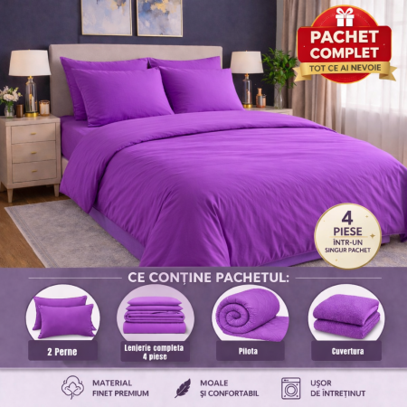 Pachete reduceri - set complet pat cu pilota perne lenjerie si cuvertura eleganta