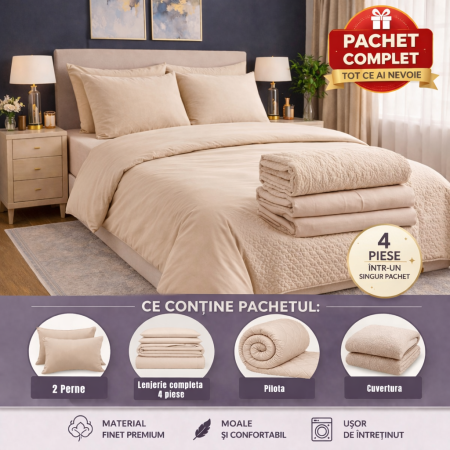 Pachete reduceri - set complet pat cu pilota perne lenjerie si cuvertura eleganta