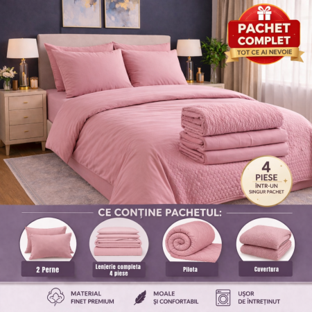 Pachete reduceri - set complet pat cu pilota perne lenjerie si cuvertura eleganta