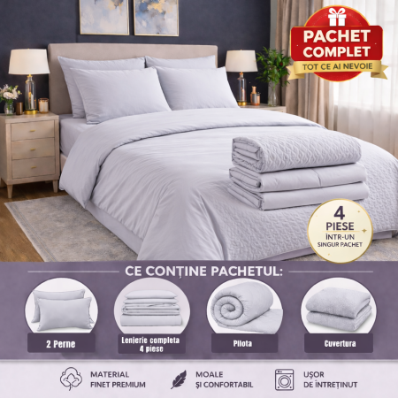 Pachete reduceri - set complet pat cu pilota perne lenjerie si cuvertura eleganta