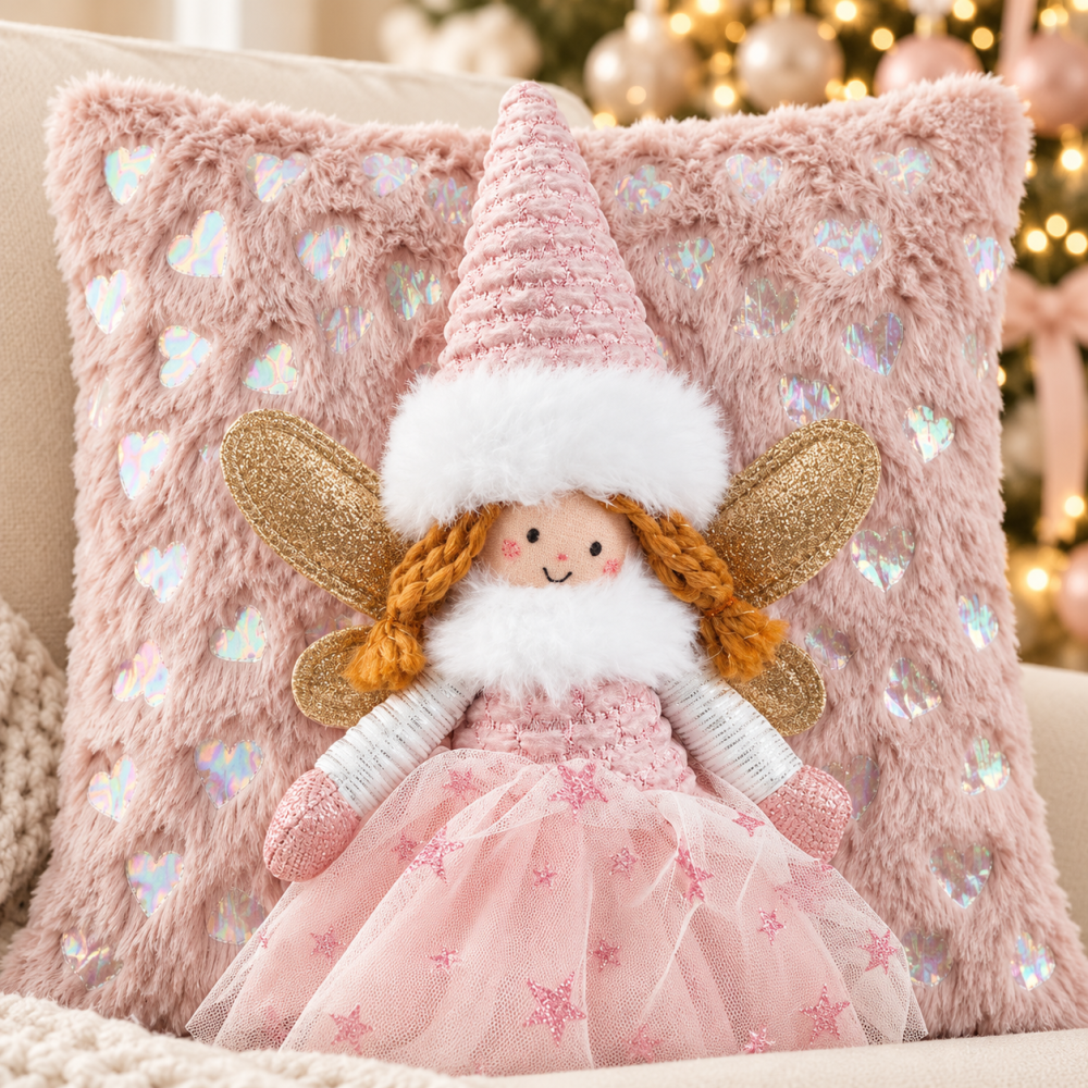 Pernă decorativă roz de Crăciun cu îngeraș 3D, aripi aurii și inimioare irizate, 35 × 35 cm [2]