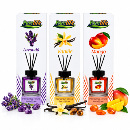 Casă și consumabile - Set 3 odorizante camera Purelife, Lavanda + Vanilie + Mango, 120 ml, parfum intens persistent, difuzor betisoare, set economic, ideal cadou