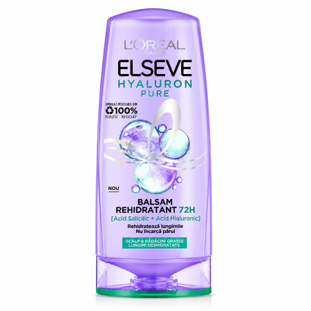 Balsamuri de păr - Balsam L'Oréal Paris Elseve Hyaluron Pure, rehidratant 72H, pentru lungimi deshidratate, 200 ml