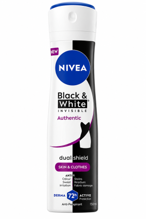 Deodorante - NIVEA Black & White Invisible Authentic Antiperspirant Spray pentru Femei, Protecție 72h, 150 ml