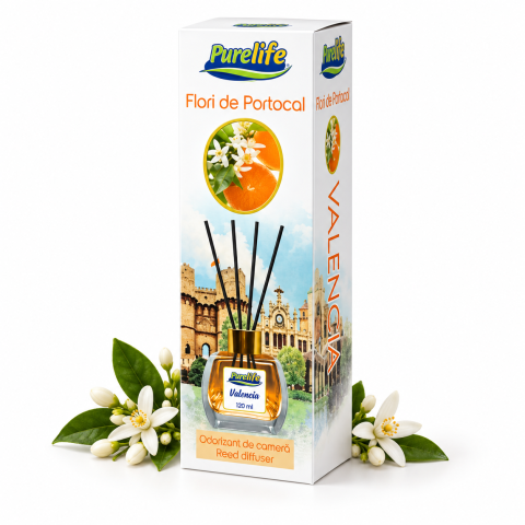 Odorizante pentru casă - Odorizant de cameră cu bețișoare Purelife Valencia, Flori de Portocal, 120 ml