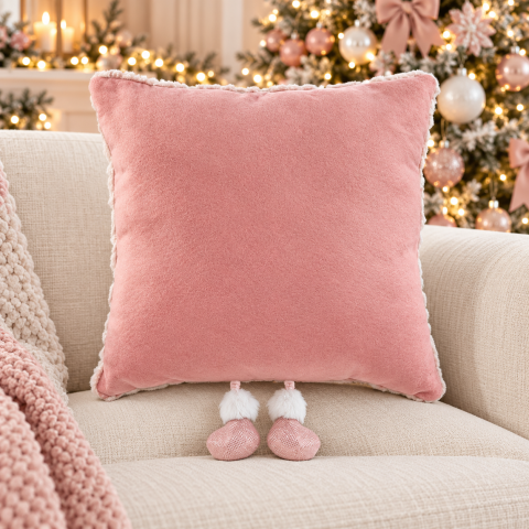 Pernă decorativă roz de Crăciun cu îngeraș 3D, aripi aurii și inimioare irizate, 35 × 35 cm [2]
