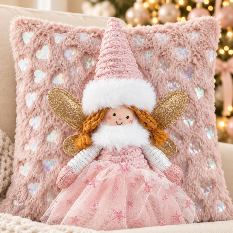 Pernă decorativă roz de Crăciun cu îngeraș 3D, aripi aurii și inimioare irizate, 35 × 35 cm [1]