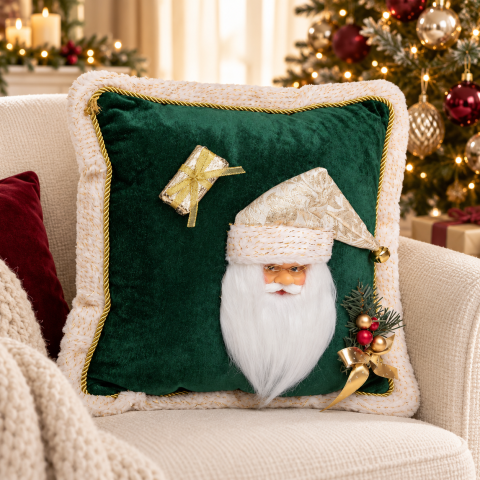 Perne decorative - Pernă decorativă verde de Crăciun cu Moș Crăciun 3D și detalii aurii