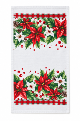 Crăciun - Prosop de bucătărie de Crăciun cu Crăciunițe roșii și albe și borduri în carouri, 60 × 35 cm