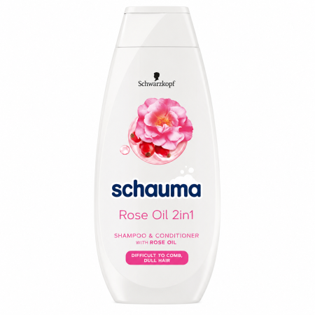 Șampon - Șampon și Balsam 2în1 Schauma Rose Oil, cu Ulei de Trandafir, pentru Păr Tern și Dificil de Pieptănat, 400 ml