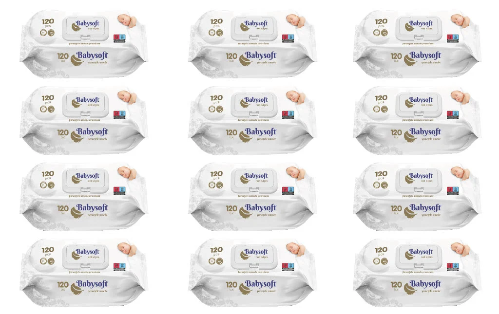 Șervețele - Set 12 pachete șervețele umede pentru copii BABYSOFT Premium, 120 buc/pachet