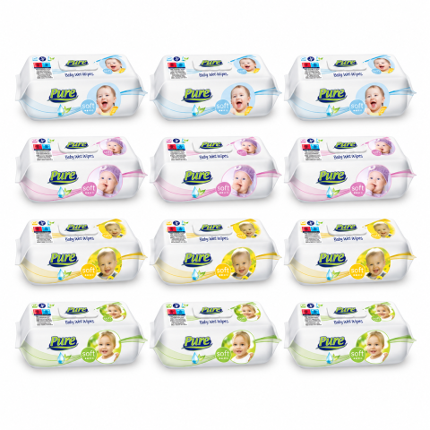 Casă și consumabile - Set 12 pachete șervețele umede Pure Baby Wet Wipes, cu capac, 120 buc/pachet, 4 variante, 1.440 buc