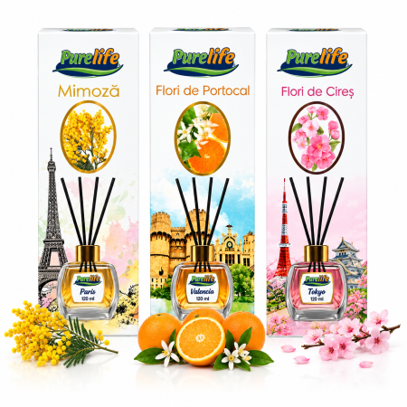 Odorizante pentru casă - Set 3 odorizante camera Purelife, Flori de cires + Mimoza + Flori de portocal, 120 ml, parfum floral delicat, difuzor betisoare, ideal cadou