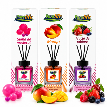 Odorizante pentru casă - Set 3 odorizante camera Purelife, Guma de mestecat + Mango + Fructe de padure, 120 ml, parfum dulce si persistent, difuzor betisoare, set economic