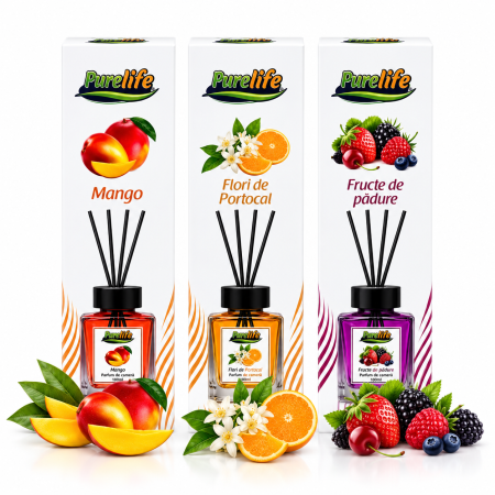 Odorizante pentru casă - Set 3 odorizante camera Purelife, Mango + Flori de portocal + Fructe de padure, 120 ml, parfum fresh persistent, difuzor betisoare, set economic, ideal cadou