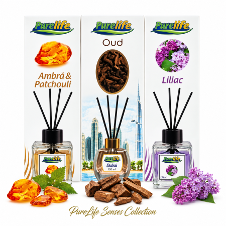 Odorizante pentru casă - Set 3 odorizante camera Purelife, Oud + Ambra Patchouli + Liliac, 120 ml, parfum intens persistent, difuzor betisoare, set premium