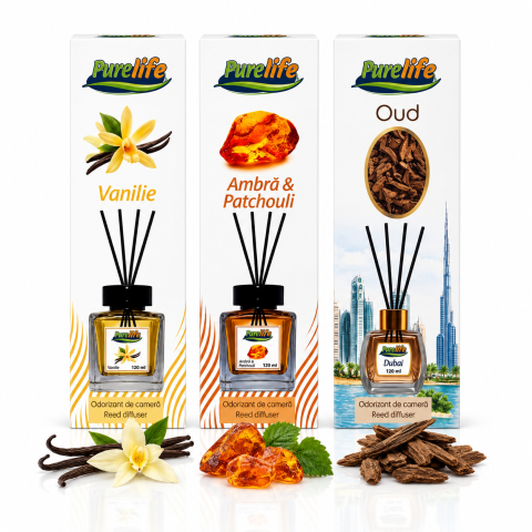 Odorizante pentru casă - Set 3 odorizante camera Purelife, Oud + Ambra Patchouli + Vanilie, 120 ml, parfum intens persistent, difuzor betisoare, set premium
