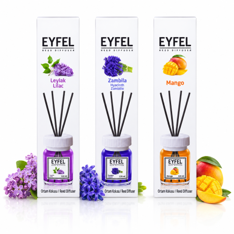 Odorizante pentru casă - Set 3 odorizante de cameră cu bețișoare Eyfel, Liliac, Zambilă și Mango, 3 x 120 ml