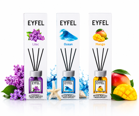 Odorizante pentru casă - Set 3 Odorizante de Cameră cu Bețișoare EYFEL – Mango, Ocean și Pepene Galben, 3 x 120 ml - Eyfel