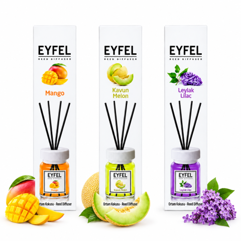 Odorizante pentru casă - Set 3 odorizante de cameră cu bețișoare Eyfel, Mango, Pepene Galben și Liliac, 3 x 120 ml