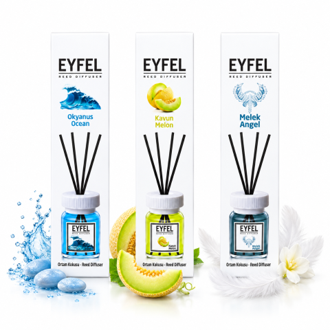 Odorizante pentru casă - Set 3 odorizante de cameră cu bețișoare Eyfel, Ocean, Pepene Galben și Angel, 3 x 120 ml