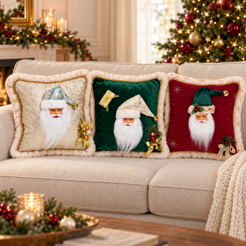 Perne decorative - Set 3 perne decorative de Crăciun cu Moș Crăciun 3D, crem, verde și vișiniu
