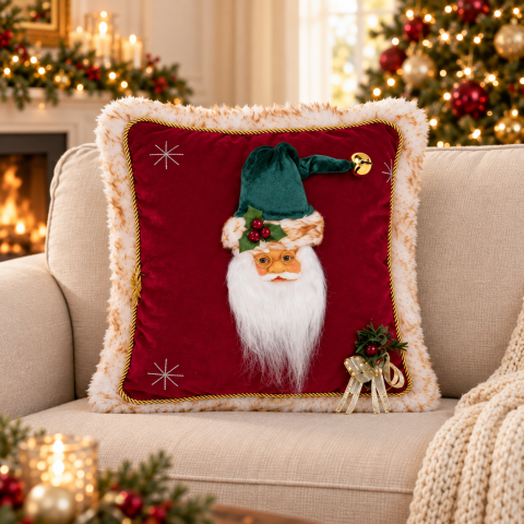 Set 3 perne decorative de Crăciun cu Moș Crăciun 3D, crem, verde și vișiniu [2]