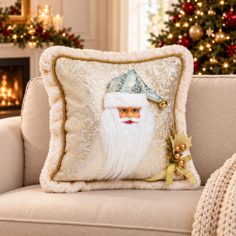 Pernă decorativă de Crăciun ecru cu Moș Crăciun 3D, 40 x 40 cm