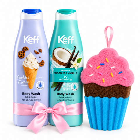 Geluri de duș - Set cadou pentru baie Keff, 2 geluri de duș Cookies Cream și Coconut & Vanilla, 500 ml/buc + burete tip brioșă