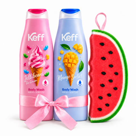 Geluri de duș - Set cadou pentru baie Keff, 2 geluri de duș Jellibeans Ice Cream și Mango Sorbet, 500 ml/buc + burete tip pepene