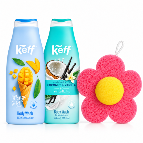 Geluri de duș - Set Keff cu 2 geluri de duș 500 ml și burete de baie tip floare