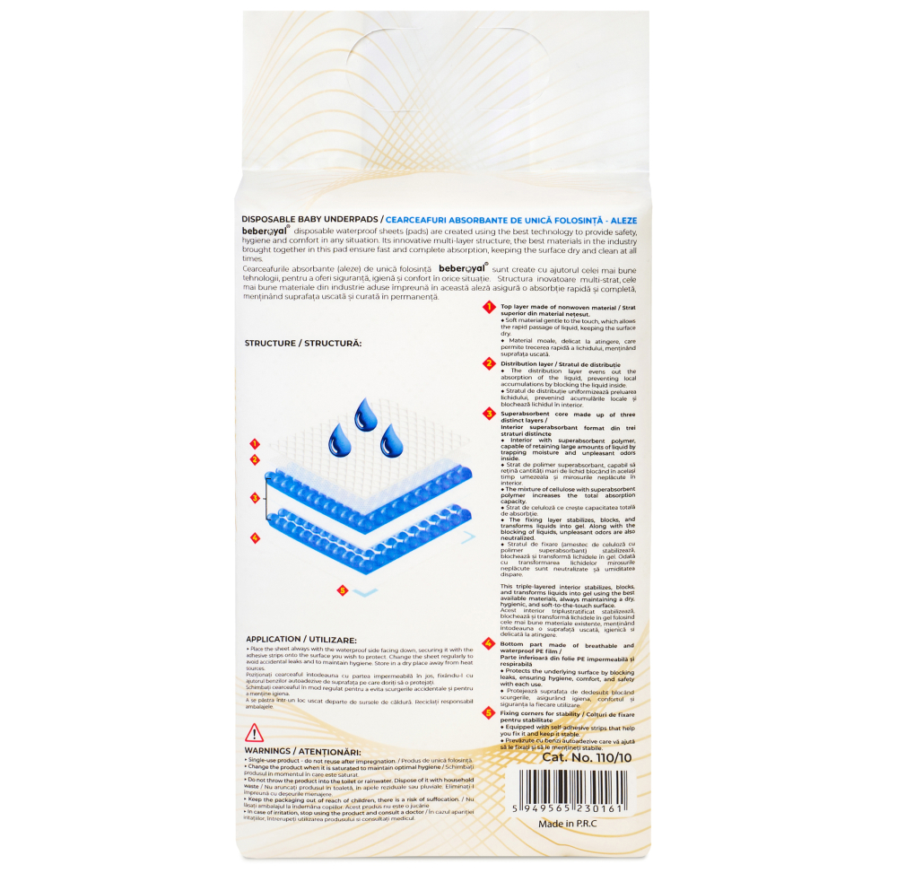 Aleze Beberoyal Premium, 60 x 40 cm, 10 Bucăți - Impermeabile, Absorbție 1050ml, Fixare Autoadezivă, 6 straturi, [5]