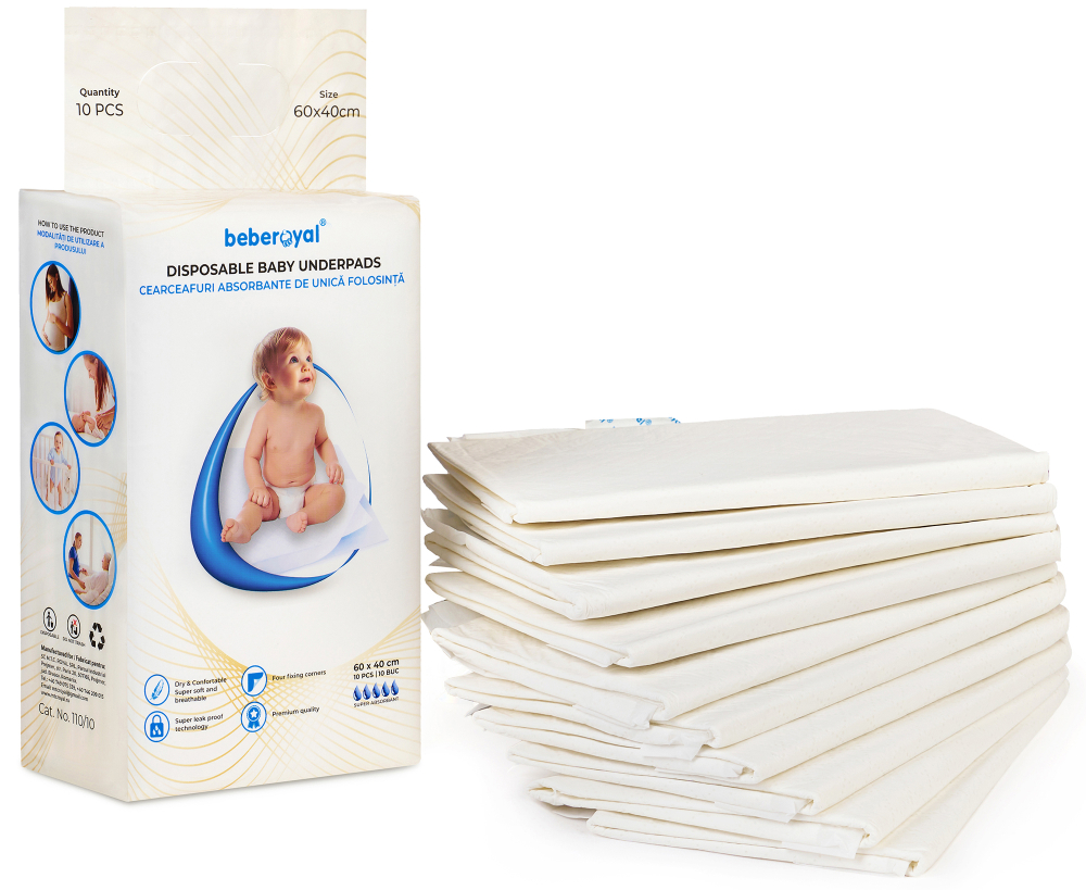 Aleze Beberoyal Premium, 60 x 40 cm, 10 Bucăți - Impermeabile, Absorbție 1050ml, Fixare Autoadezivă, 6 straturi, [6]