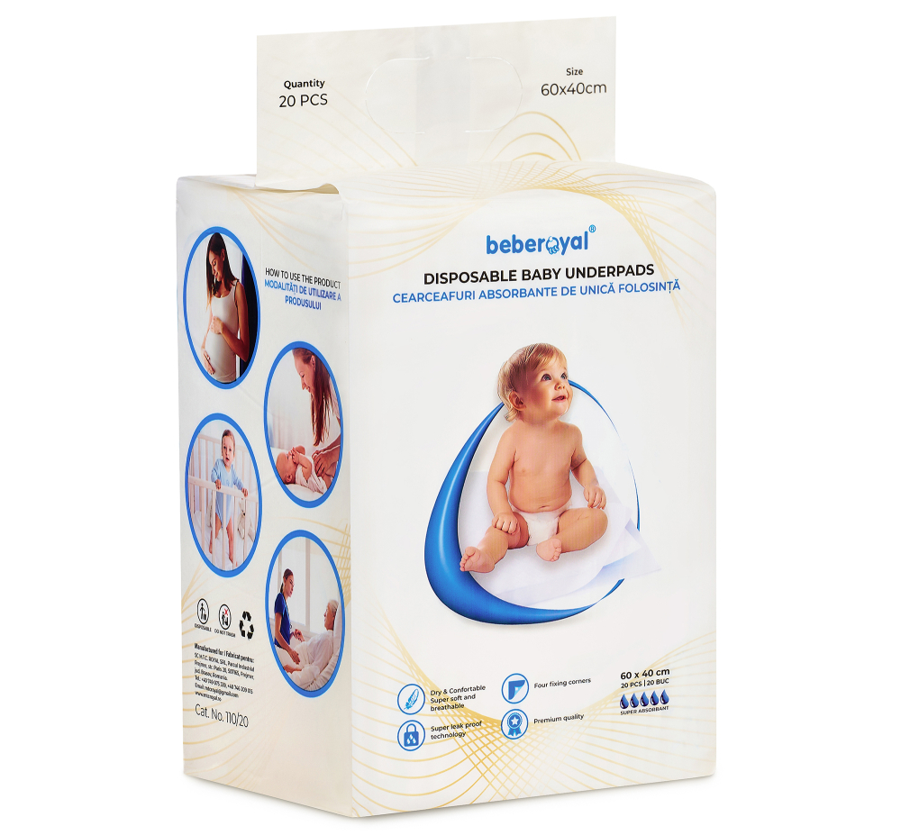 Aleze Beberoyal Premium, 60 x 40 cm, 20 Bucăți - Impermeabile, Absorbție 1050ml, Fixare Autoadezivă, 6 straturi [3]
