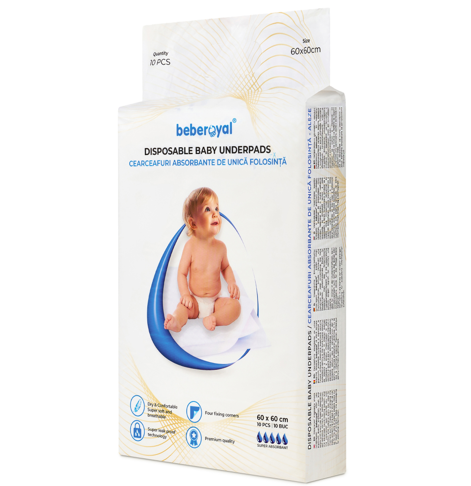 Aleze Beberoyal Premium, 60 x 60 cm, 10 Bucăți - Impermeabile, Absorbție 1500ml, Fixare Autoadezivă, 6 straturi, [3]