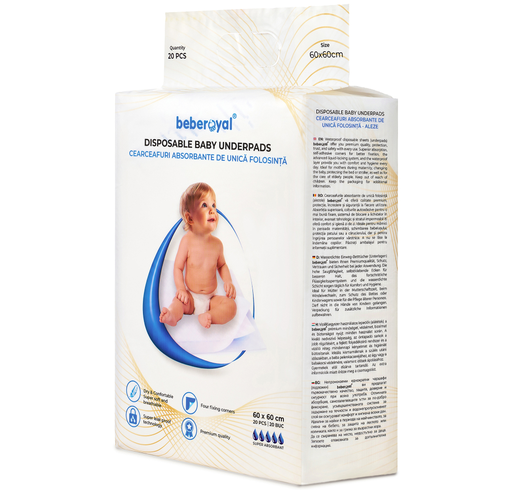 Aleze Beberoyal Premium, 60 x 60 cm, 20 Bucăți - Impermeabile, Absorbție 1500ml, Fixare Autoadezivă, 6 straturi, [5]