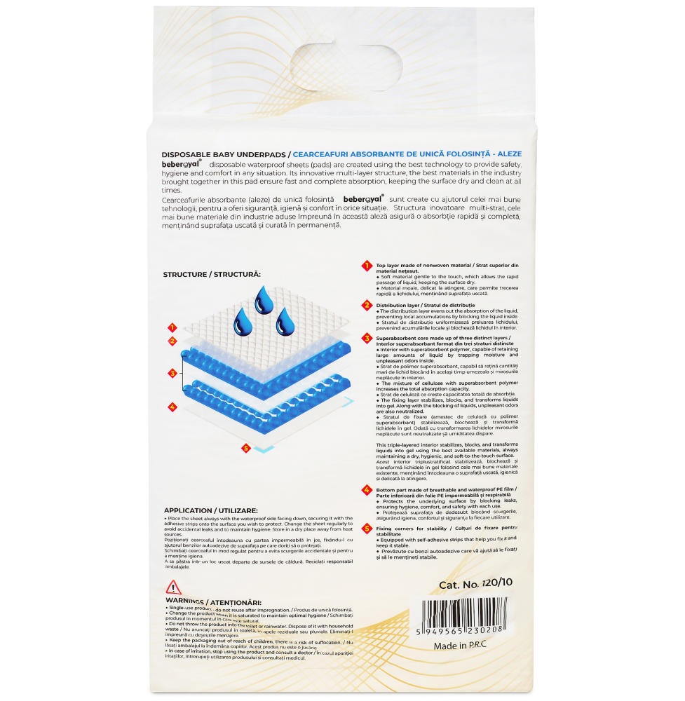 Aleze Beberoyal Premium, 60 x 90 cm, 10 Bucăți - Impermeabile, Absorbție 2300ml, Fixare Autoadezivă, 6 straturi [8]
