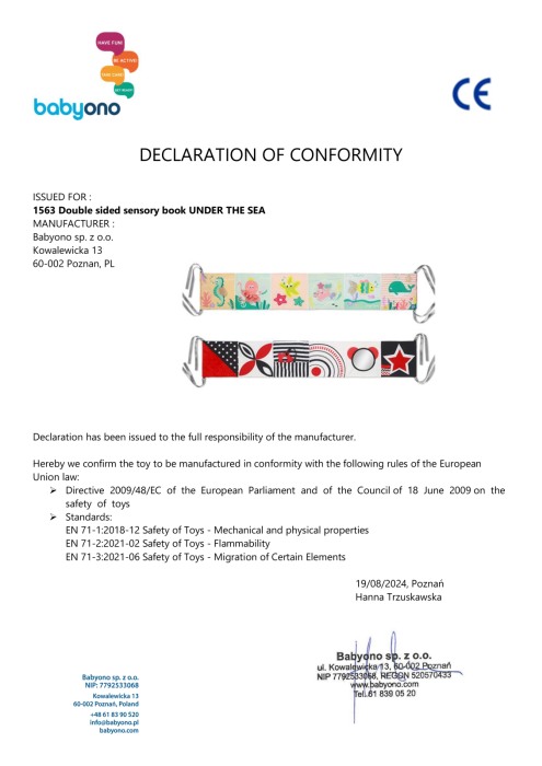 Carte educativa senzoriala cu doua fete Babyono, "Sub mare",  1563 [15]