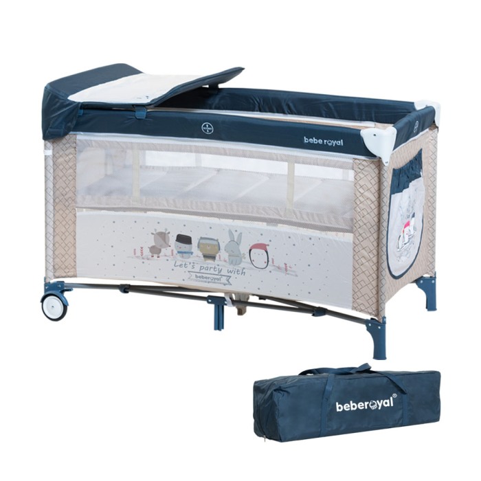Patut Pliabil, Beberoyal, Little Friends, cu doua nivele, Saltea de Infasat, Geanta de Transport, Roti cu Sistem de Blocare, Fereastra Laterala, Spatiu lateral pt. Depozitare, 120x60cm, Albastru/Bej C [1]